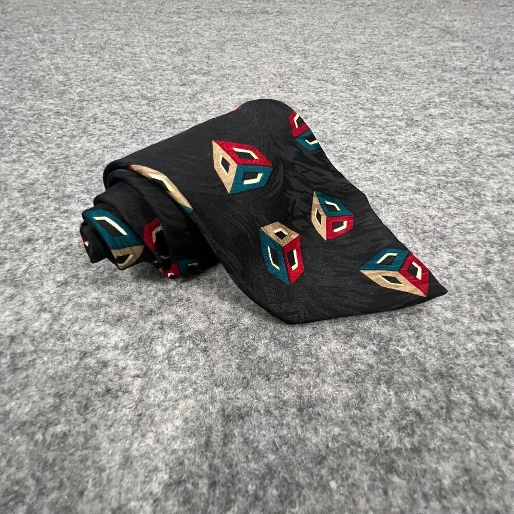 Studio R Men's Tie Black‎ Red Blue 100% Silk Hand Finished Made in USA Necktie